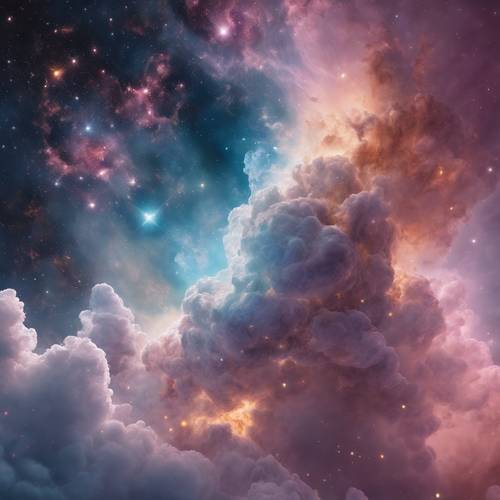 Pemandangan fantasi sebuah galaksi yang terbungkus dalam awan samar-samar yang lembut dan bercahaya.