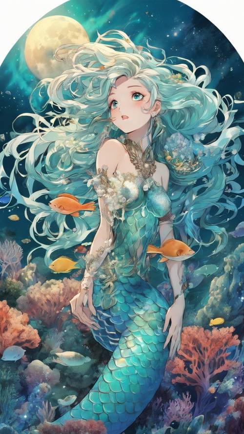 Eine wunderschöne Anime-Meerjungfrau mit wallendem türkisfarbenem Haar, die auf einem Korallenriff im magischen Licht des Vollmonds singt.