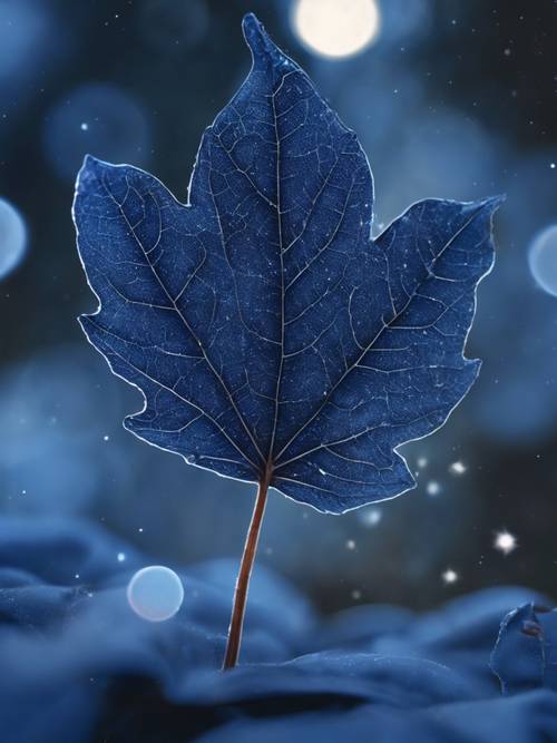 Kadife gece gökyüzünün arka planında izole edilmiş görkemli mavi bir yaprak.