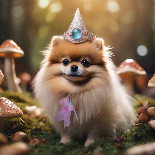 Un chien de Poméranie moelleux habillé en roi des fées dans un cercle de champignons magiques.