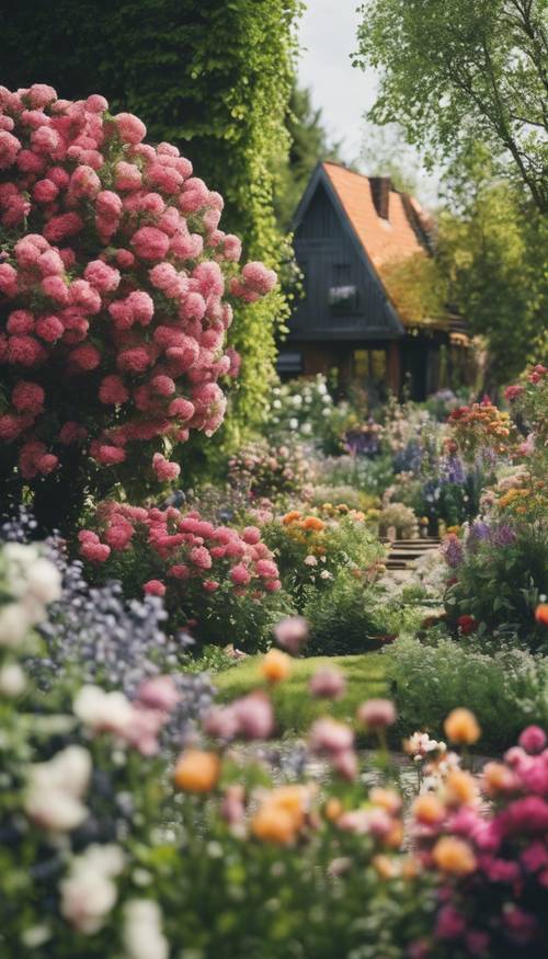 תיאור יפהפה של גן סקנדינבי בשיא פריחתו עם שלל פרחים צבעוניים.