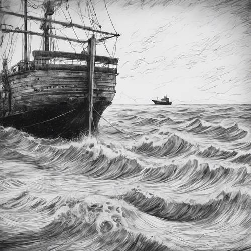 Un disegno dettagliato a inchiostro in bianco e nero che disegna onde agitate che si avvicinano a una nave solitaria in mare.