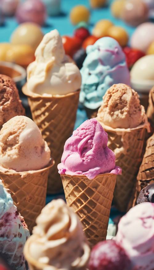 여름 더위 속에서 천천히 녹는 다양한 맛을 지닌 맛있는 아이스크림 콘의 클로즈업 이미지.