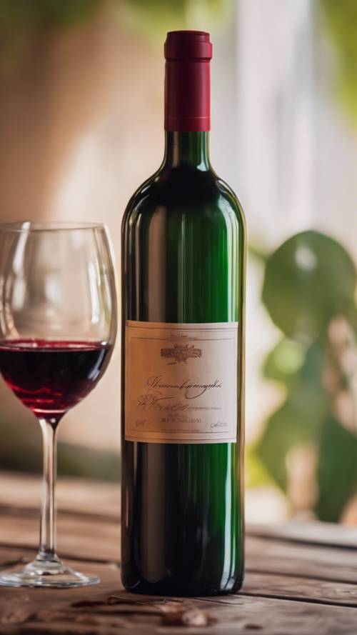 Uma garrafa de vidro verde cheia de vinho tinto brilhante sobre uma mesa de madeira.
