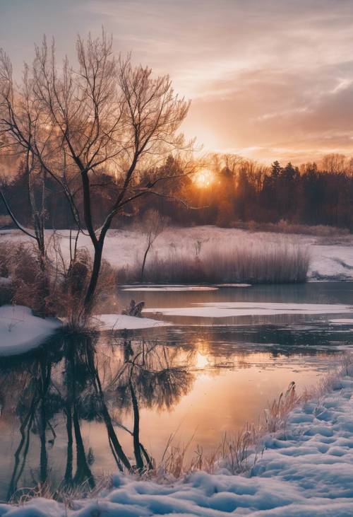 A vibrant winter sunset reflecting on a quiet, frozen lake amidst a snowy landscape.