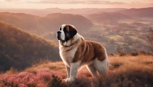 这是一片梦幻般的风景，日出时分，一只粉红色的圣伯纳犬俯瞰着美丽的山谷。