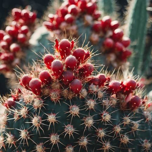 Pemandangan dari dekat kaktus Candelabra yang menghasilkan kumpulan buah merah merah.