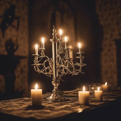 An antique silver candelabra shrouded in cobwebs casting long shadows in an old haunted mansion on Halloween night.