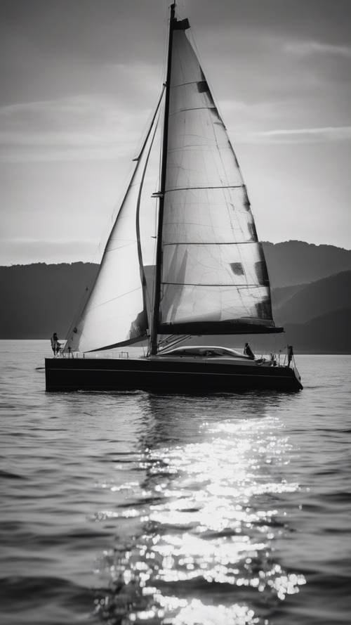 A sleek, black and white yacht sailing in the twilight.