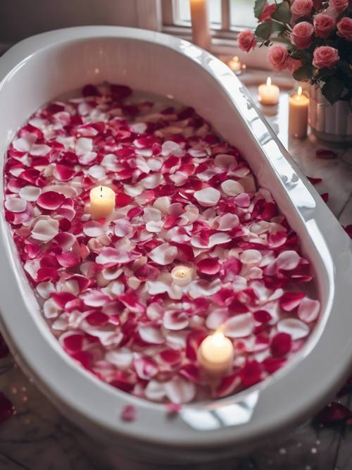 Zapraszająca kąpiel z bąbelkami w białej wannie z płatkami róż i świecami na krawędzi wanny.