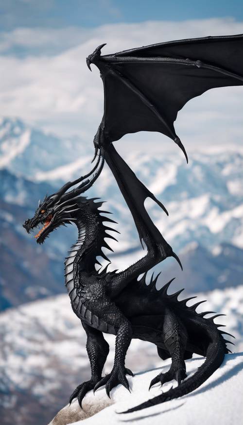 דרקון שחור אלגנטי מונח על ראש הר לבן ומושלג, כנפיו מקופלות למשעי.