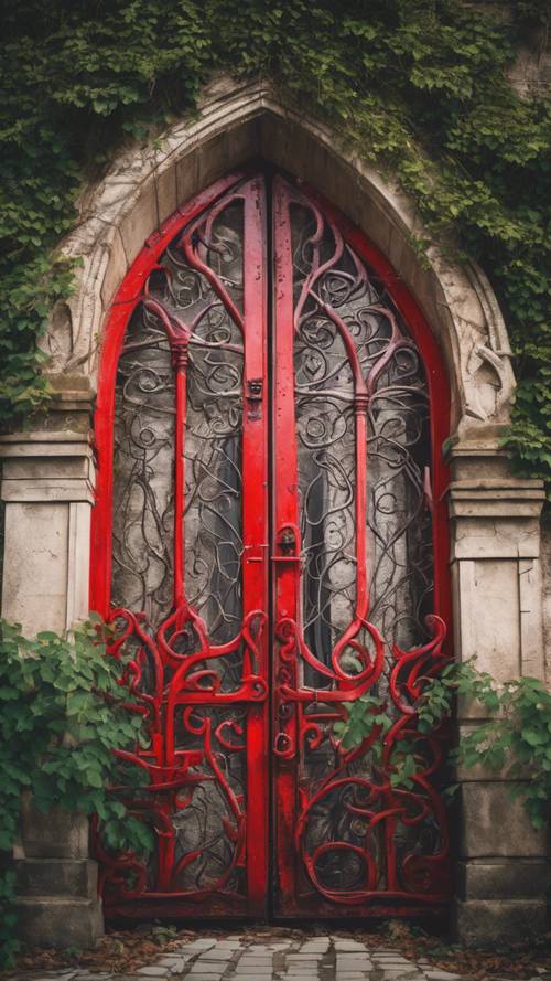 Spektakuläres rotes gotisches Tor, mit Weinreben befleckt