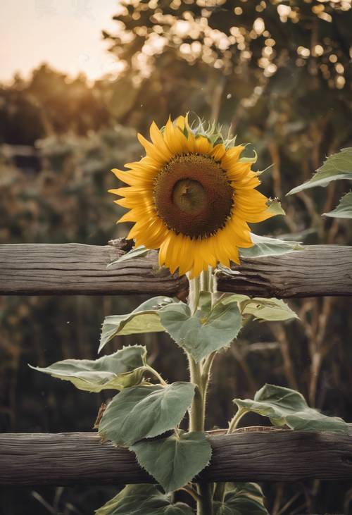 Pemandangan boho yang menampilkan bunga matahari mekar penuh dengan latar belakang pagar kayu pedesaan.
