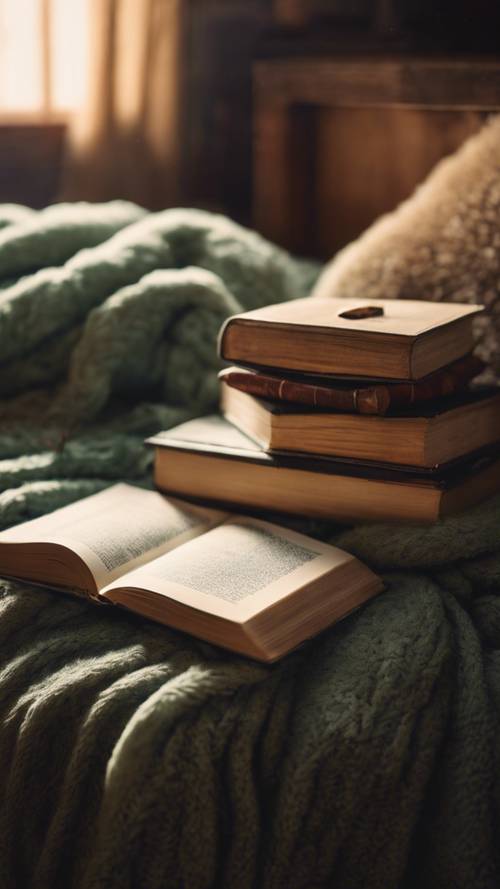 Una manta suave de color verde salvia ubicada en un rincón acogedor lleno de libros y una iluminación cálida.