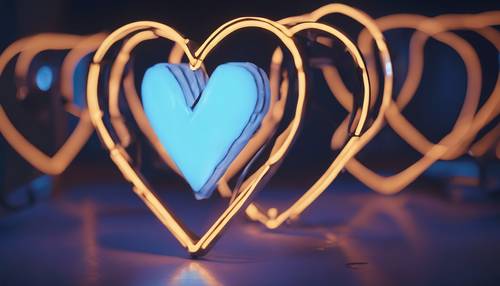 Một dấu hiệu neon của một trái tim màu xanh phát sáng trong bóng tối nửa tối.