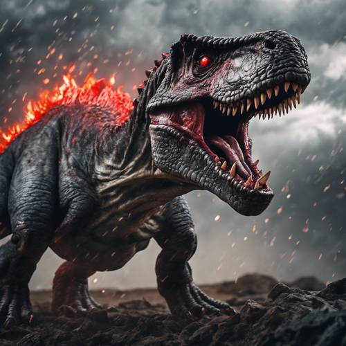 Un dinosauro grigio con occhi rosso fuoco che ruggisce ferocemente in una tempesta.
