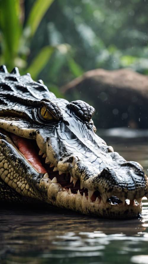 Um encontro próximo com as mandíbulas abertas de um enorme crocodilo preto. Papel de parede [e570401d83bc43089d8a]