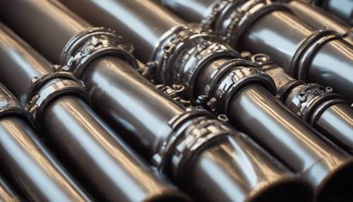 A multitude of industrial pipes twisted against a gothic background.