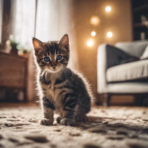A kitten chasing its own tail in a cozy living room. Tapet [0b7a58cc26a6480f97f6]