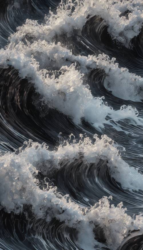 יצירת אמנות מופשטת בתלת מימד המראה גלים מתנפצים על חוף עשוי שיש שחור וכסף.