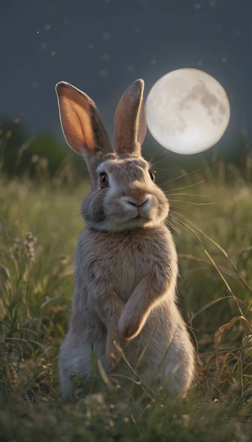 一隻驕傲的兔子站在草地上，在滿月的光芒下曬太陽。