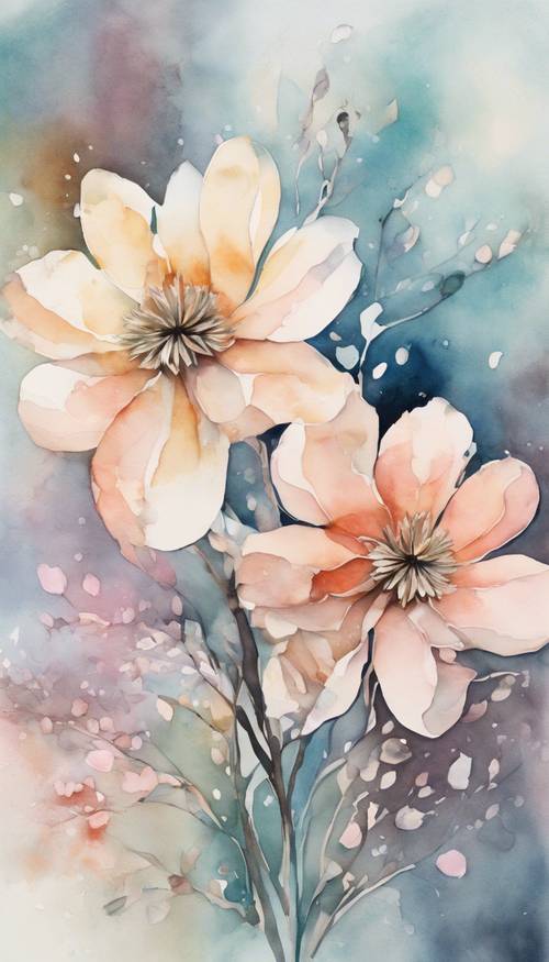 Lukisan cat air abstrak dengan warna pastel lembut dari bunga dan kelopak yang saling bertautan.