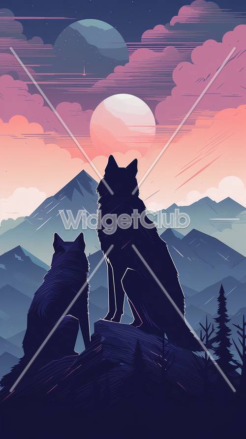 山で月明かりに照らされるオオカミたち　