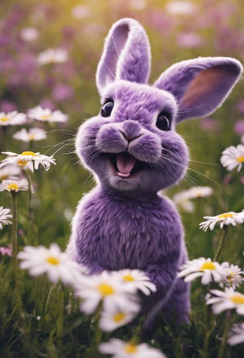 Um coelho roxo travesso mostrando a língua de brincadeira em meio a um campo de flores de margaridas.