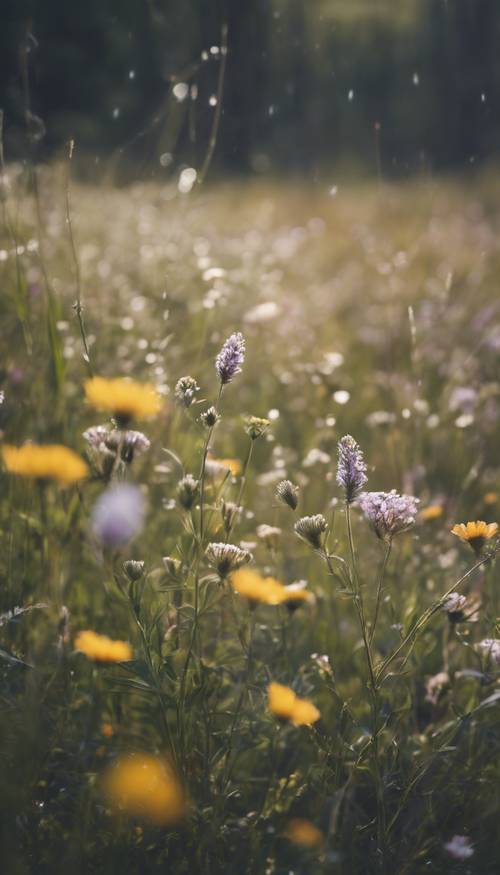 A soft-focus background of a Scandinavian meadow blooming with wildflowers.
