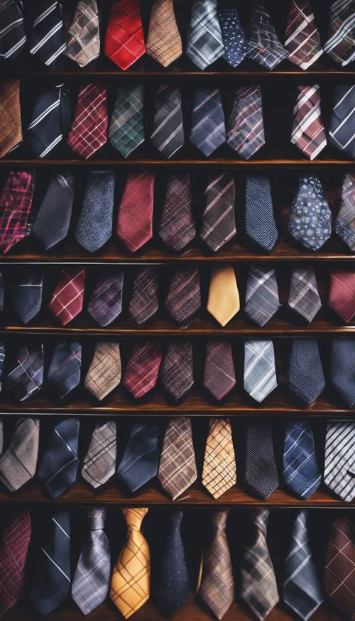 Moda mağazasında düzenlenen çeşitli koyu ekose desenli erkek kravatları.