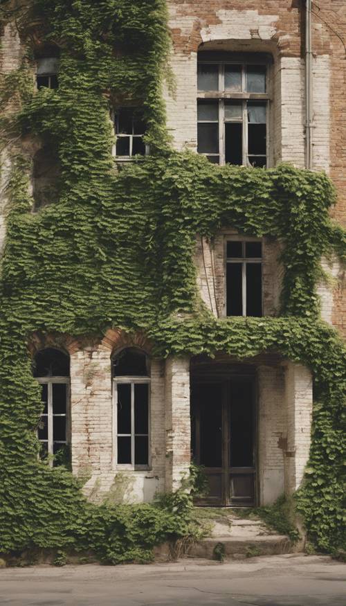 Sebuah bangunan bata krem ​​​​yang terbengkalai ditutupi tanaman ivy