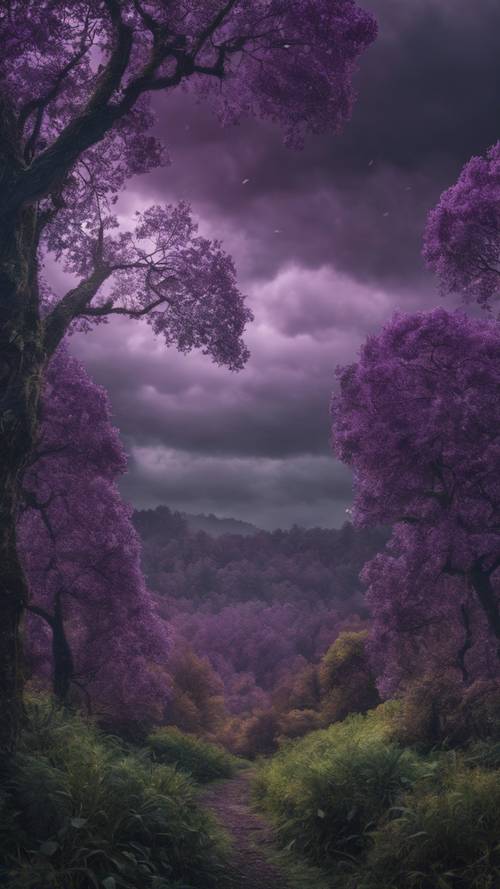 Una foresta mistica sotto un cielo coperto con pesanti nuvole viola.