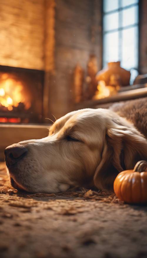 Golden-hour shot of the family's old faithful dog asleep near the calming fireplace, radiating a cozy Thanksgiving atmosphere. کاغذ دیواری [fd614b71a48844a4a655]