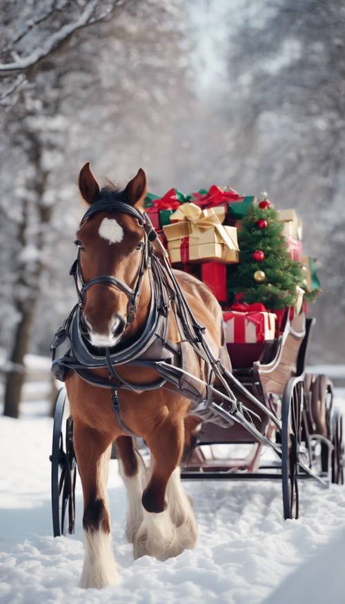 Um cavalo marrom puxando um trenó cheio de presentes embrulhados em uma paisagem de Natal com neve.