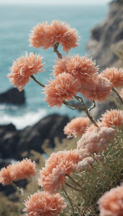 Un bouquet de fleurs de corail balayées par le vent près d&#39;une falaise côtière.