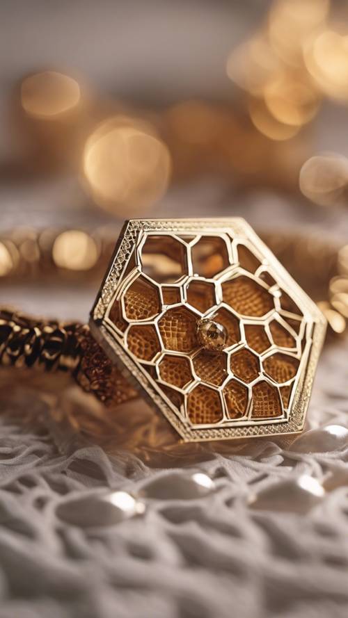 تصميم على شكل قرص العسل مصور في قطعة مجوهرات معقدة موضوعة على قطعة قماش من الدانتيل.