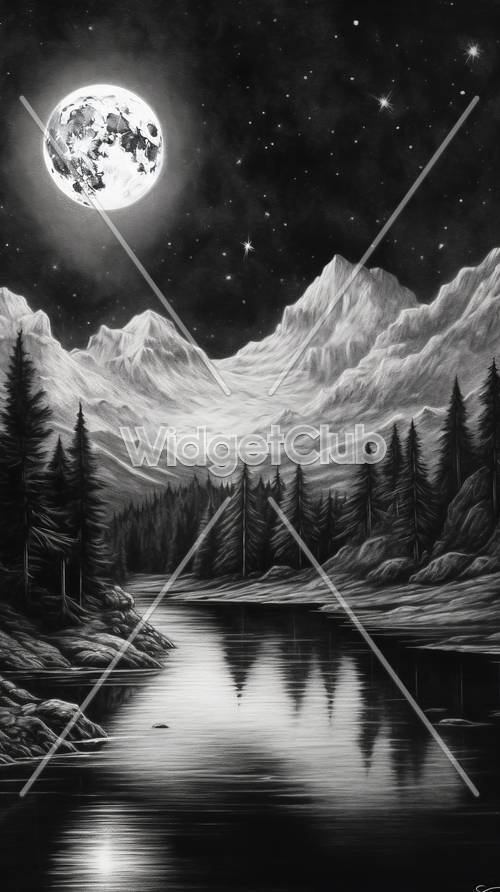 Montanhas da noite estrelada e cena do lago