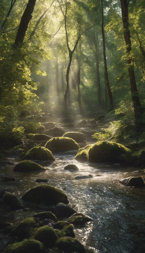 A tranquil scene in a forest with a clear bubbling creek and rays of sunlight filtering through the dense canopy of trees.