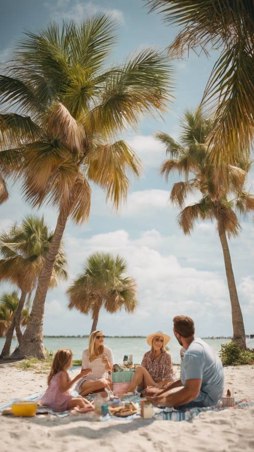 一家人正在佛罗里达州墨西哥湾沿岸高耸的棕榈树下享受下午的野餐。
