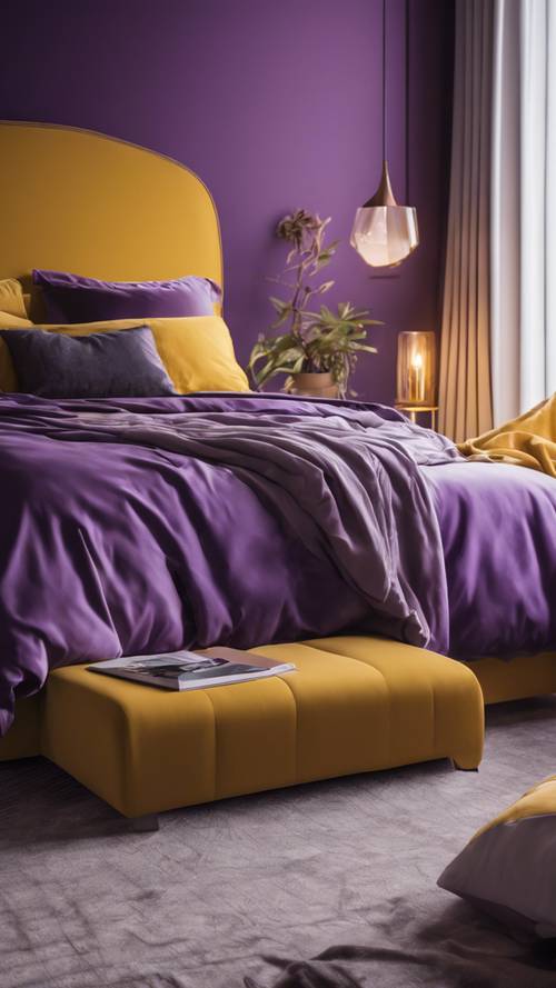 Minimalist mor duvarlara, rahat sarı vurgulara ve sıcak ortam aydınlatmasına sahip modern bir yatak odası.