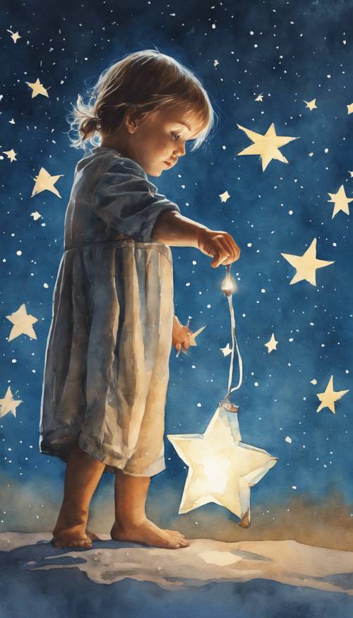 这是一幅水彩画，描绘的是一个孩子伸手去拿一颗淡蓝色的星星。