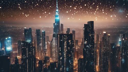 높은 고층 건물과 별이 빛나는 밤하늘의 아름다운 전망이 있는 반짝이는 도시 스카이라인.