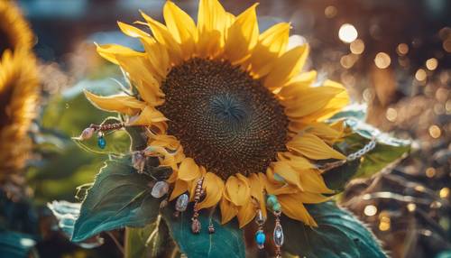 A vibrant sunflower with beads and feathers incorporated, a signature element of boho style. Tapet [3f0f3a7ecd2640d48b6c]