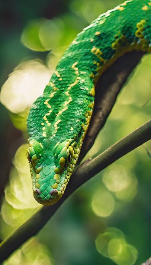 A close encounter with a vibrant green bush viper, its scales capturing the evening sunlight in a rainforest.