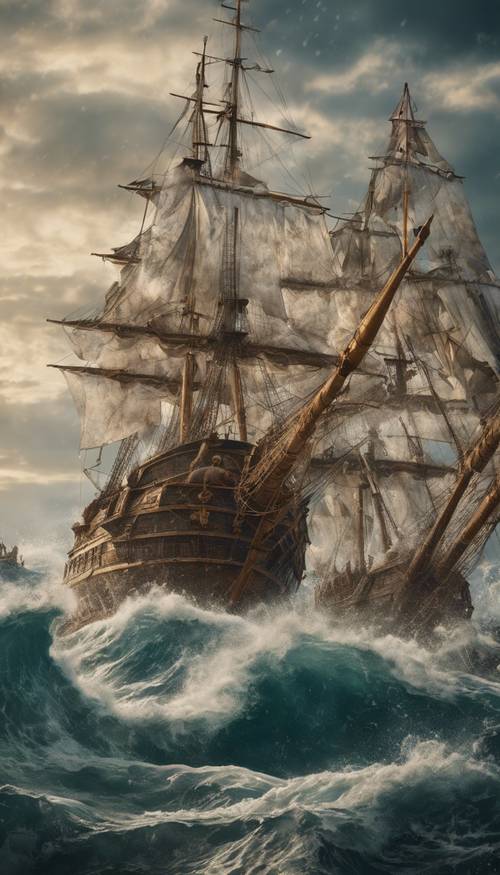 Un antiguo mural que representa una dramática batalla naval, con grandes barcos y olas feroces, al estilo del arte del Renacimiento temprano.