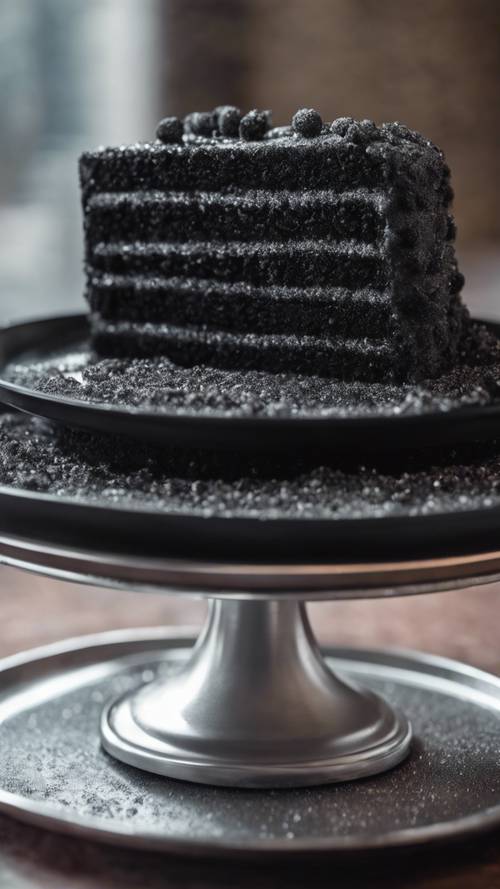 Một chiếc bánh nhung đen phủ đầy những hạt lấp lánh màu đen có thể ăn được được bày trên một chiếc đĩa bạc.
