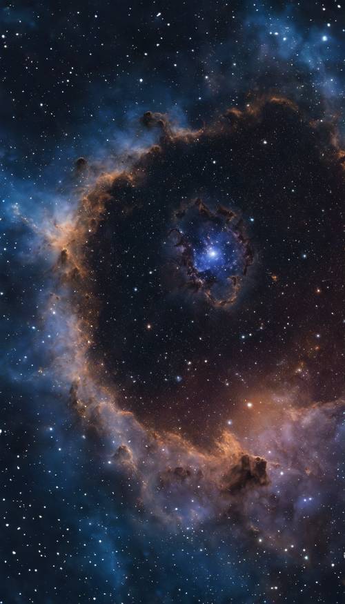 Una nebulosa serena, blu scuro, che avvolge una stella, vista dall&#39;esterno della galassia della Via Lattea.