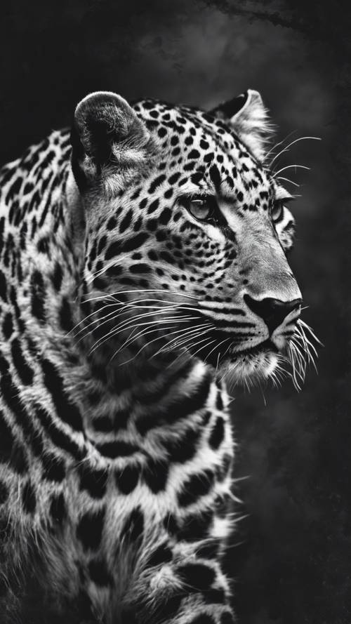 Um retrato sujo em preto e branco de um leopardo em estado selvagem, sua pelagem exibindo rosetas escuras distintas contra um fundo totalmente preto.