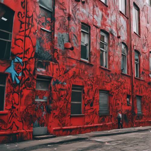 Una scena anarchica di vita cittadina interpretata attraverso un graffito rosso brillante sul lato di un edificio. Sfondo [f7eef6391f6342658824]