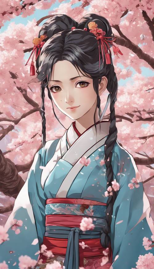 Un póster de estilo vintage para un anime chino que presenta a una adolescente con coletas vistiendo un hanfu tradicional y rodeada de flores de cerezo.